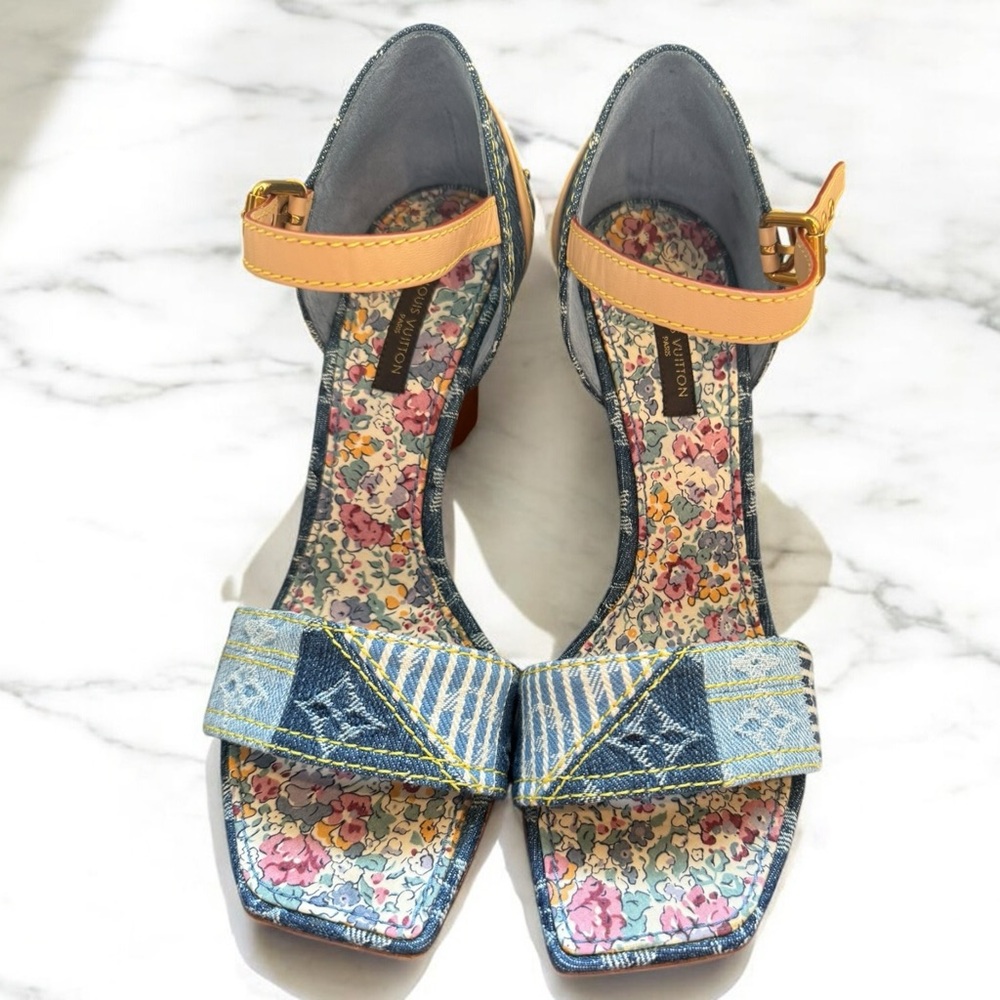 BNIB Louis Vuitton Patchwork Denim Dots Tan and Blue Sandals Size 37